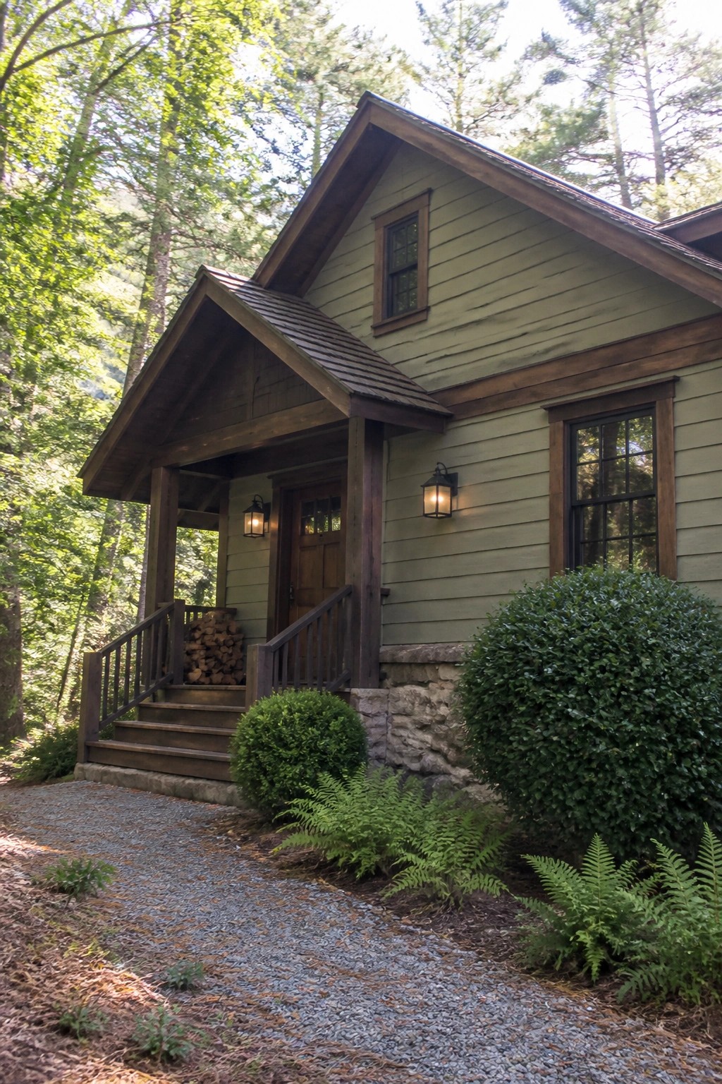 Green wooden cabin with porch, stone foundation, ferns, and gravel path in forest.