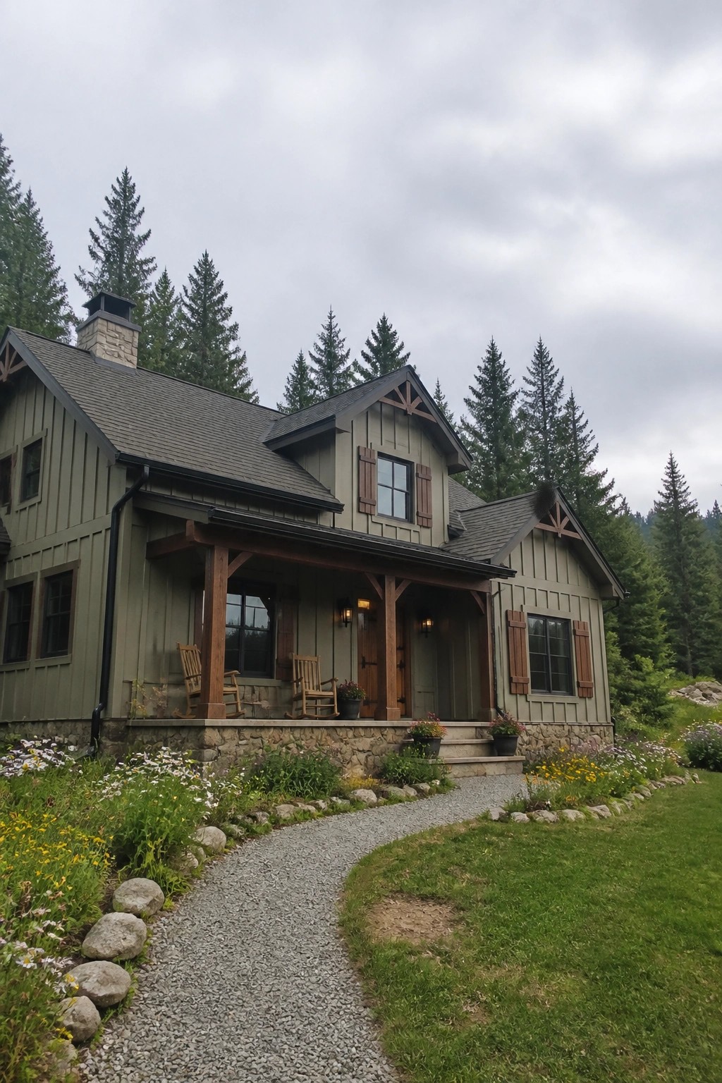 Muted sage green siding on a cabin exterior with a stone foundation and dark wood trim.