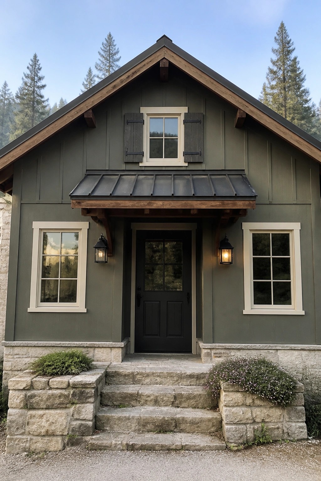 A muted sage green cabin exterior with stone foundation and dark trim.