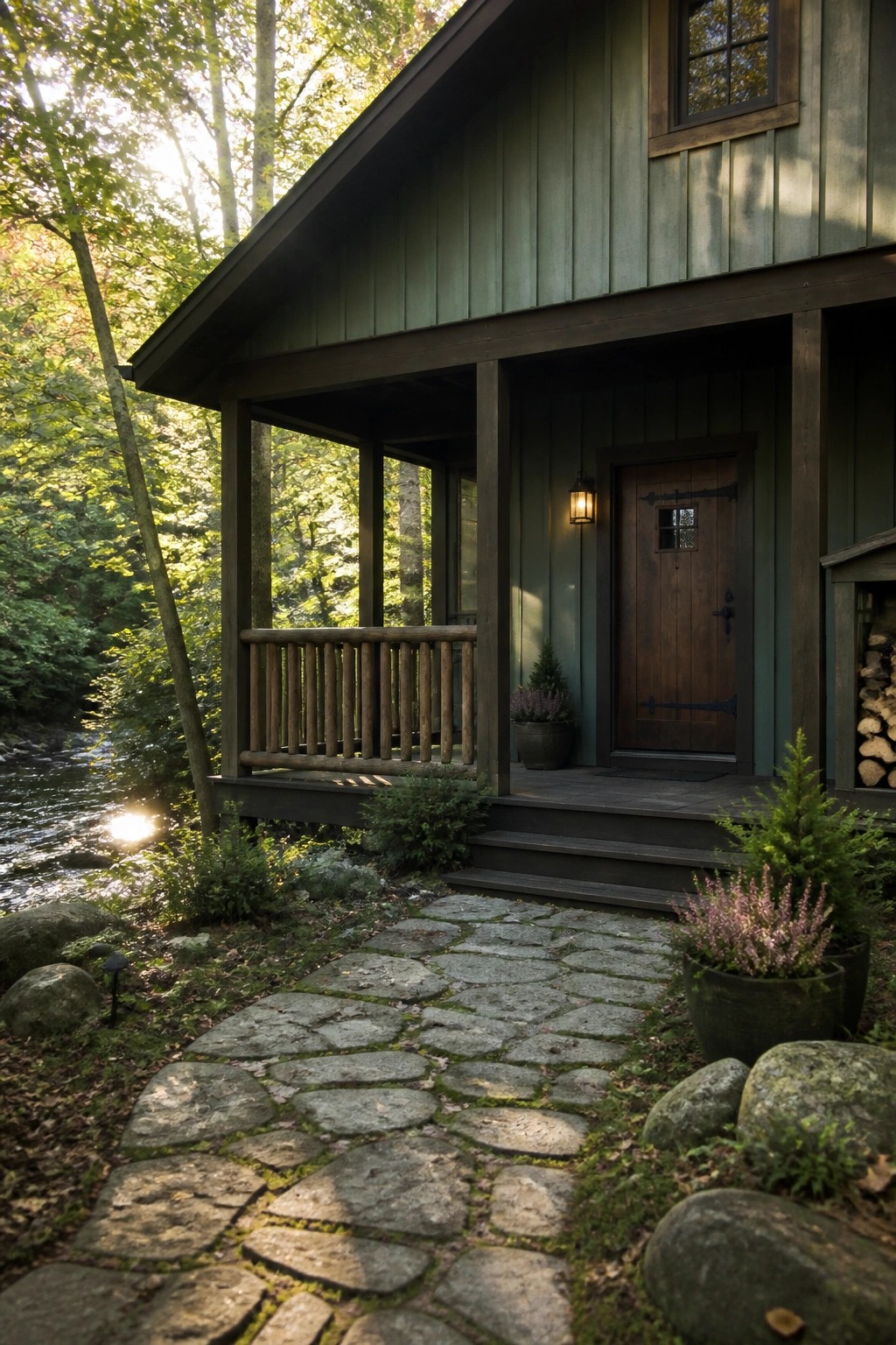 Green wooden cabin with stone path, porch, and potted plants in forest
