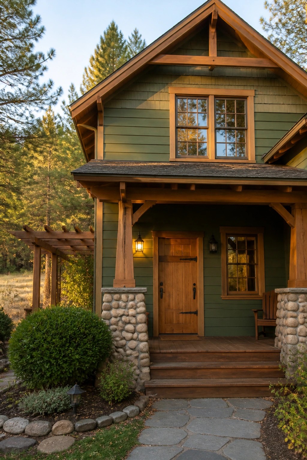 A green-painted cabin exterior with stone pillars and wood trim on a forest porch.