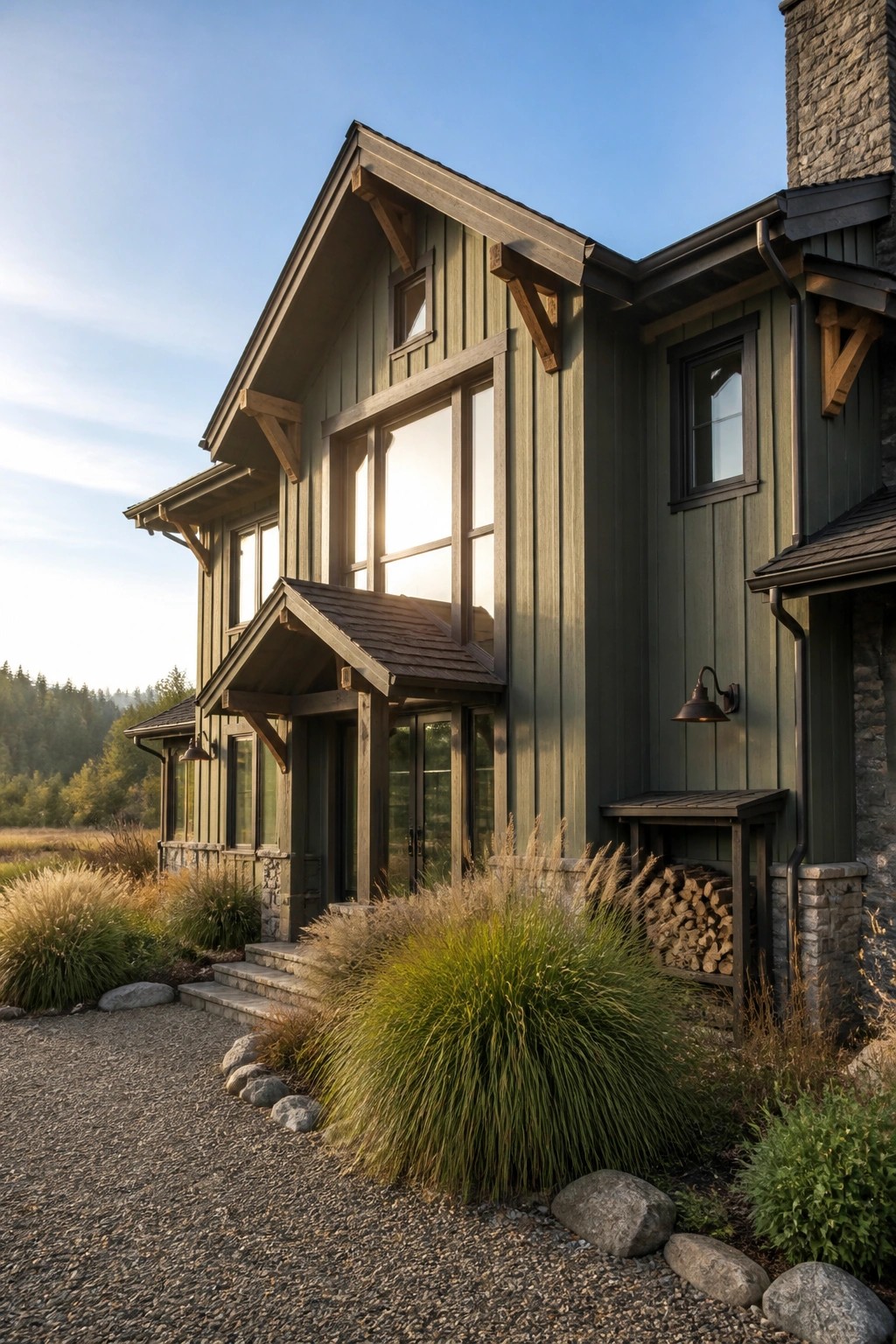 A rustic cabin exterior finished in a deep muted olive green siding with wood and stone accents.