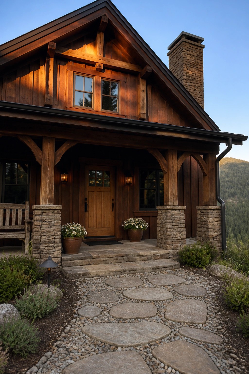 Rustic wooden cabin with stone chimney, porch pillars, and stepping-stone pathway.