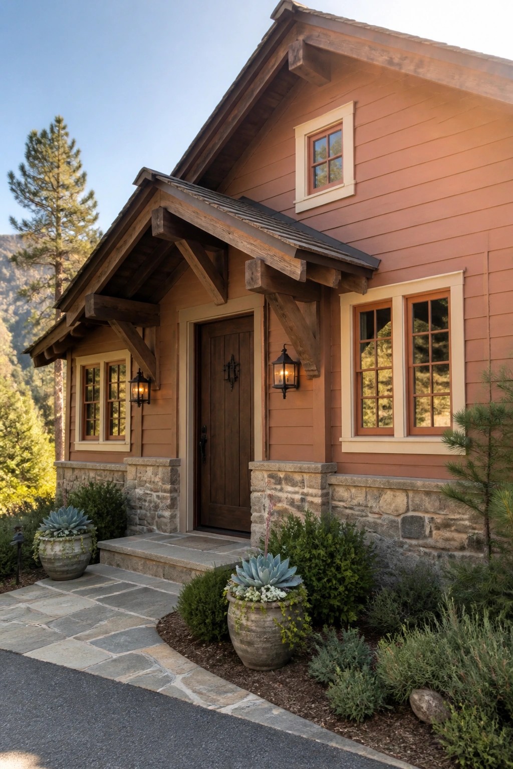 Rustic wooden house entrance with stone steps, potted succulents, and glowing lanterns