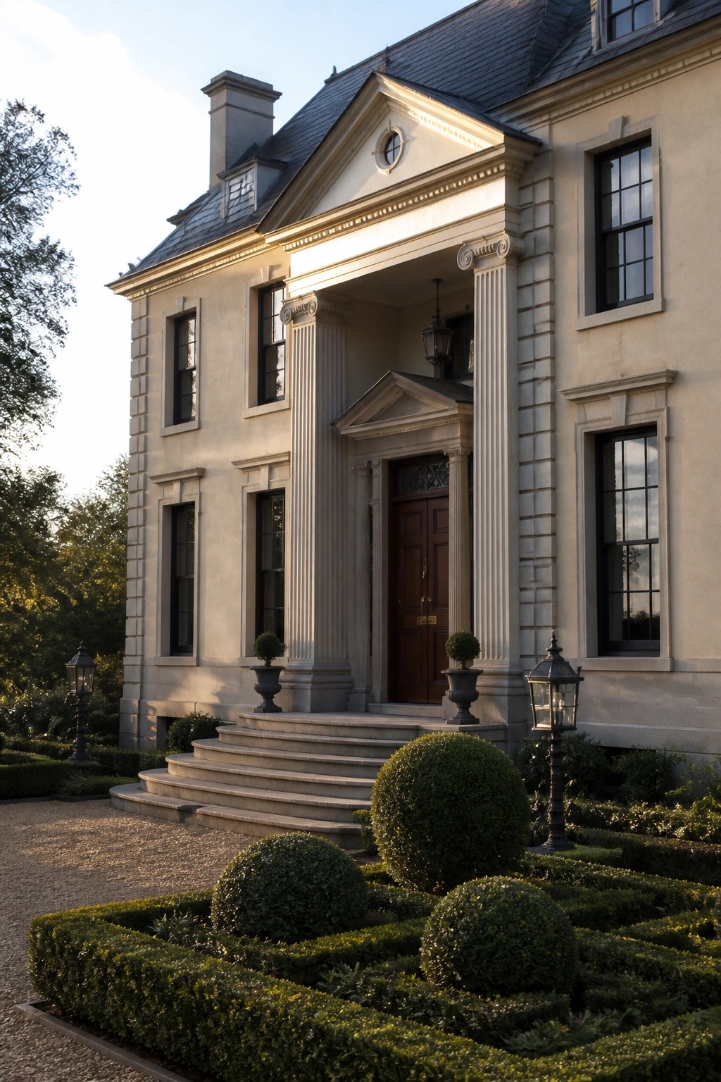Elegant mansion with grand columned portico, wooden doors, and manicured topiary garden.
