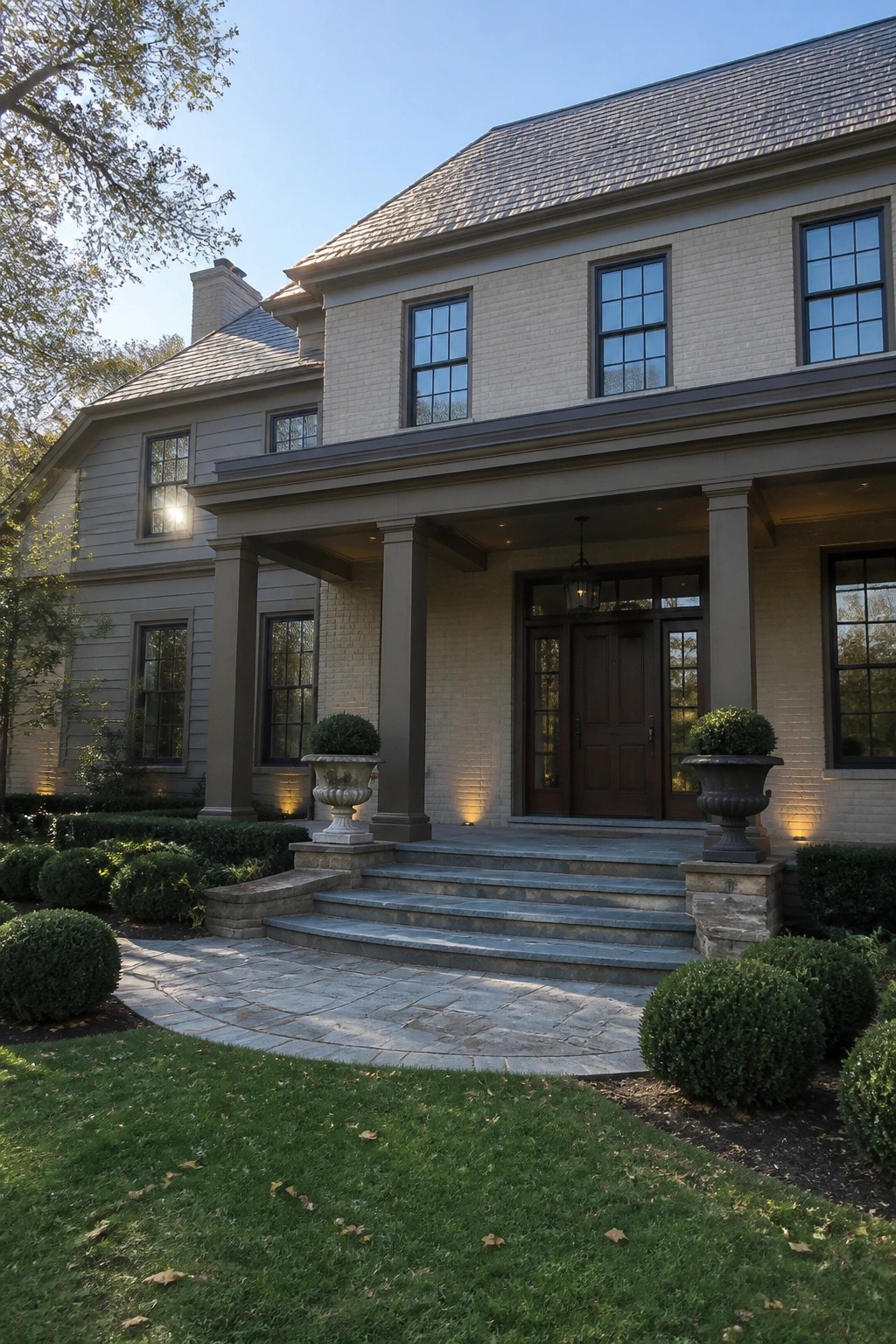 Elegant two-story brick house with columned porch, stone steps, and landscaped lawn.