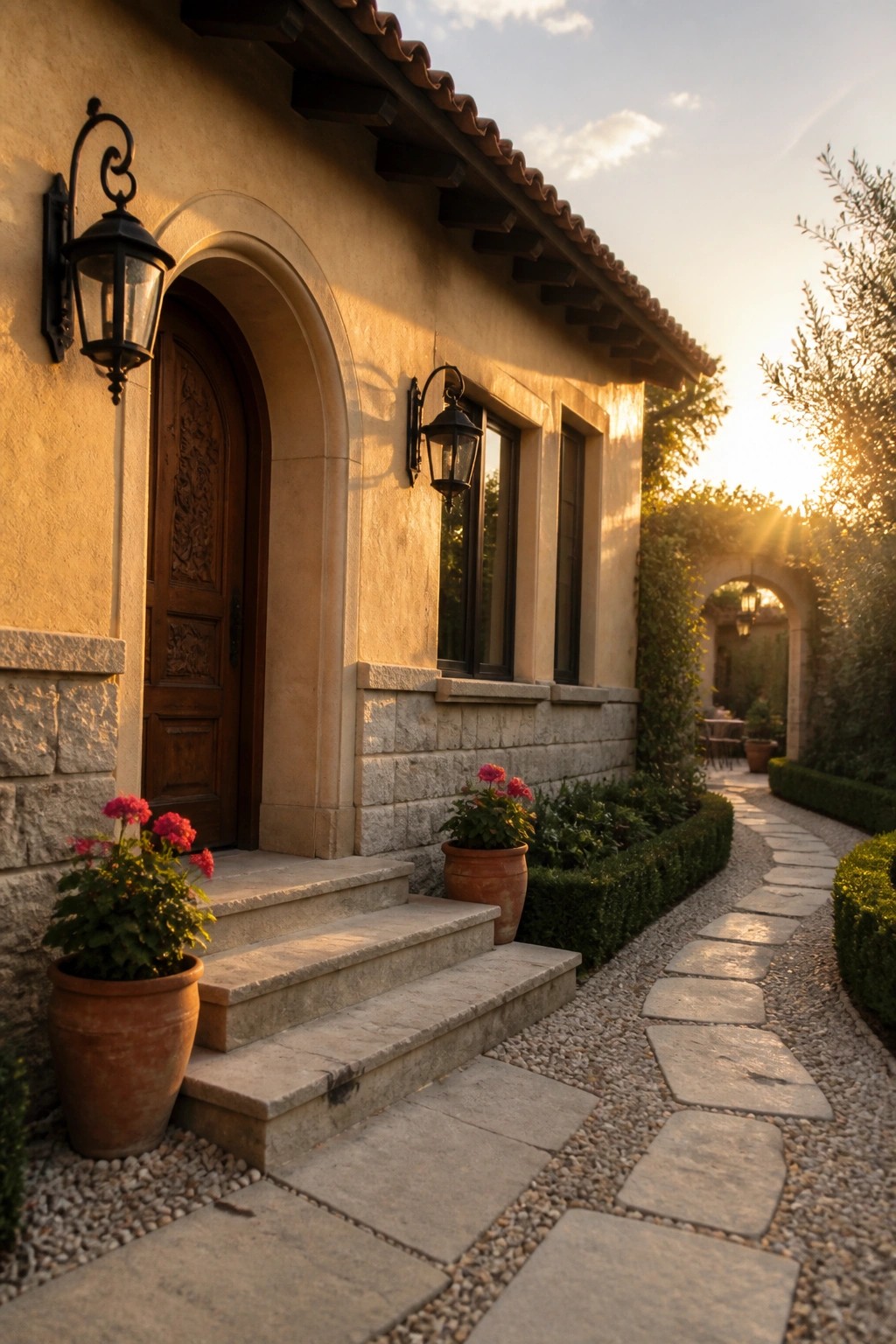 Sunlit stone path leads to arched wooden door of stucco home with red flower pots.