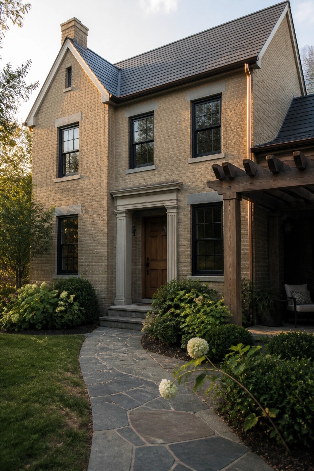 A two-story beige brick house with a dark gray roof, black windows, a wooden front door with columns, and a curving stone path through landscaped beds.