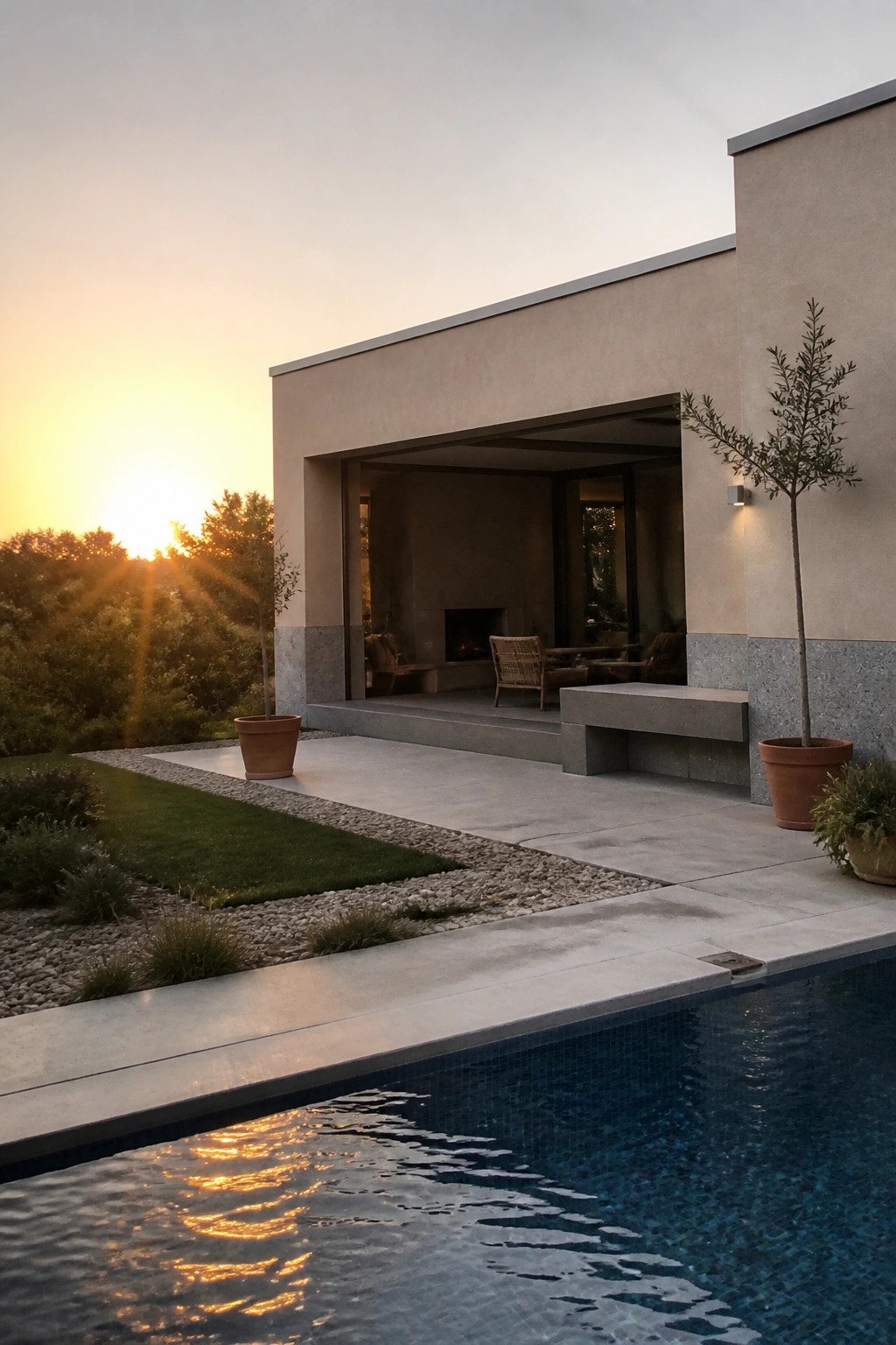 Modern house exterior with beige stucco walls, gray stone lower sections, concrete patio, outdoor seating area, and adjacent swimming pool at sunset.
