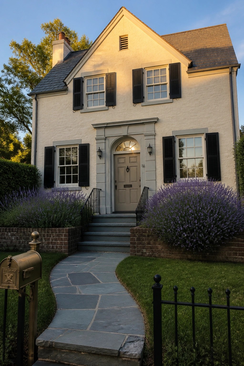 White house with black shutters, stone path, lavender bushes, and brick walls.
