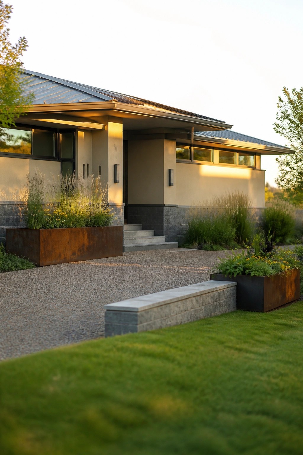 A modern beige house with a cool-toned metal roof, gray stone base, and rusted metal planters beside a gravel driveway.