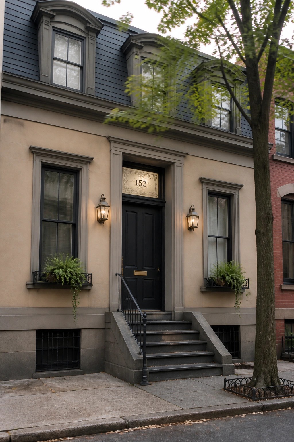 A beige house with gray trim, a black front door, lanterns on both sides, and a dark shingled roof above.