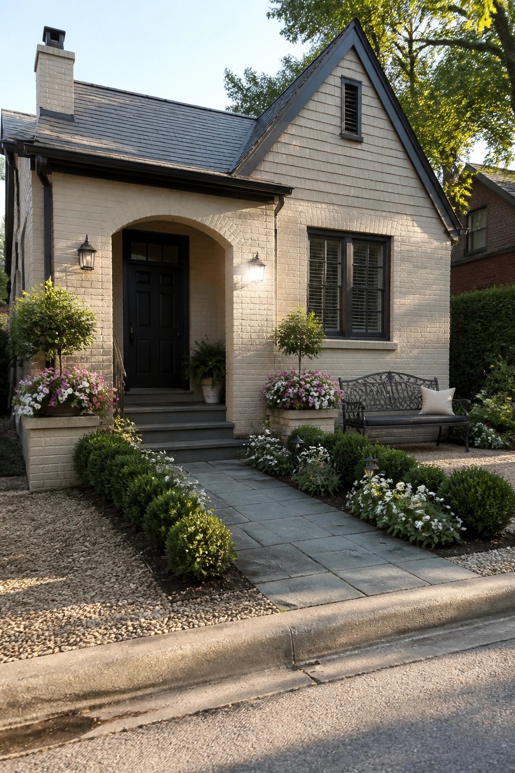A front view of a light beige brick house with dark gray roofing, black door and trim, an arched brick entry, and a landscaped yard with flowers and a bench.