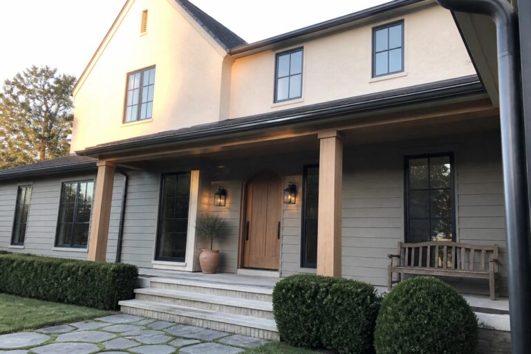 Modern gray house with wooden porch, arched door, stone path, and evening light