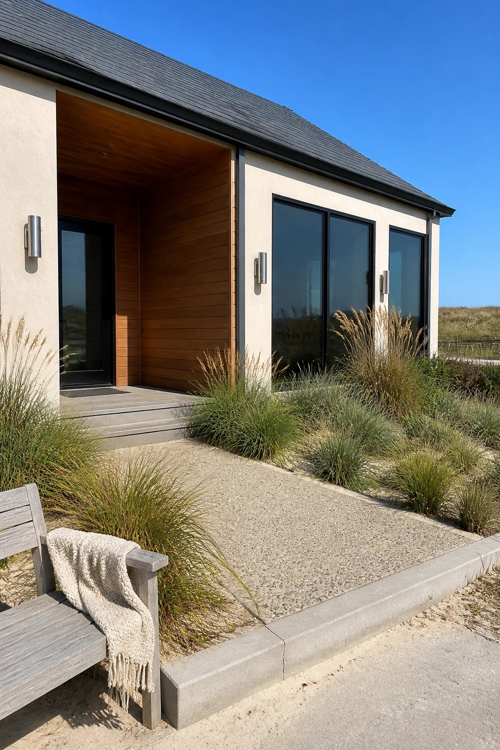 Modern coastal home entrance with wooden bench, grasses, concrete path, and glass windows.