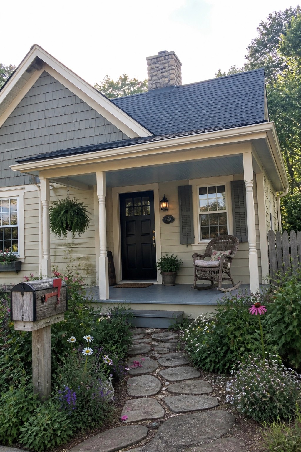 A small house with gray shingles on the upper gable, beige siding below, a dark shingled roof, black front door, and a stone chimney.