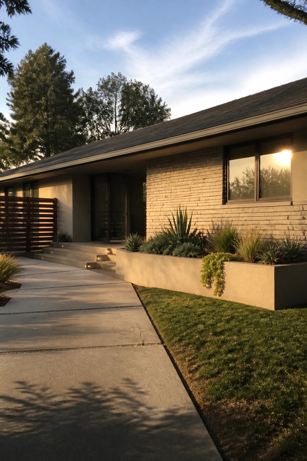 A single-story beige house with brick and stucco exterior, dark roof, concrete walkway, steps with lights, and raised planters with desert plants.