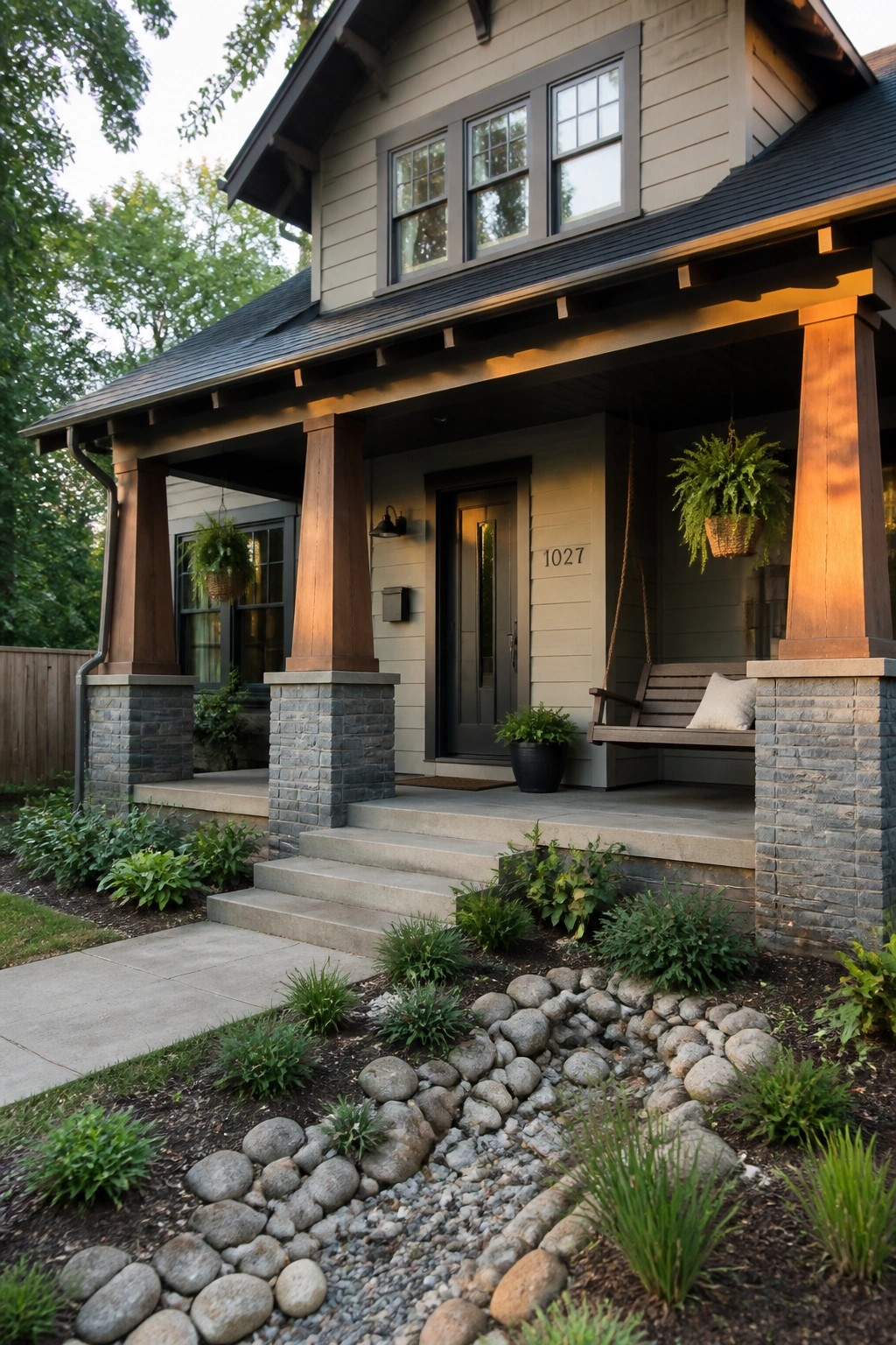 Beige Craftsman home porch with wooden swing, hanging ferns, and stone pillars