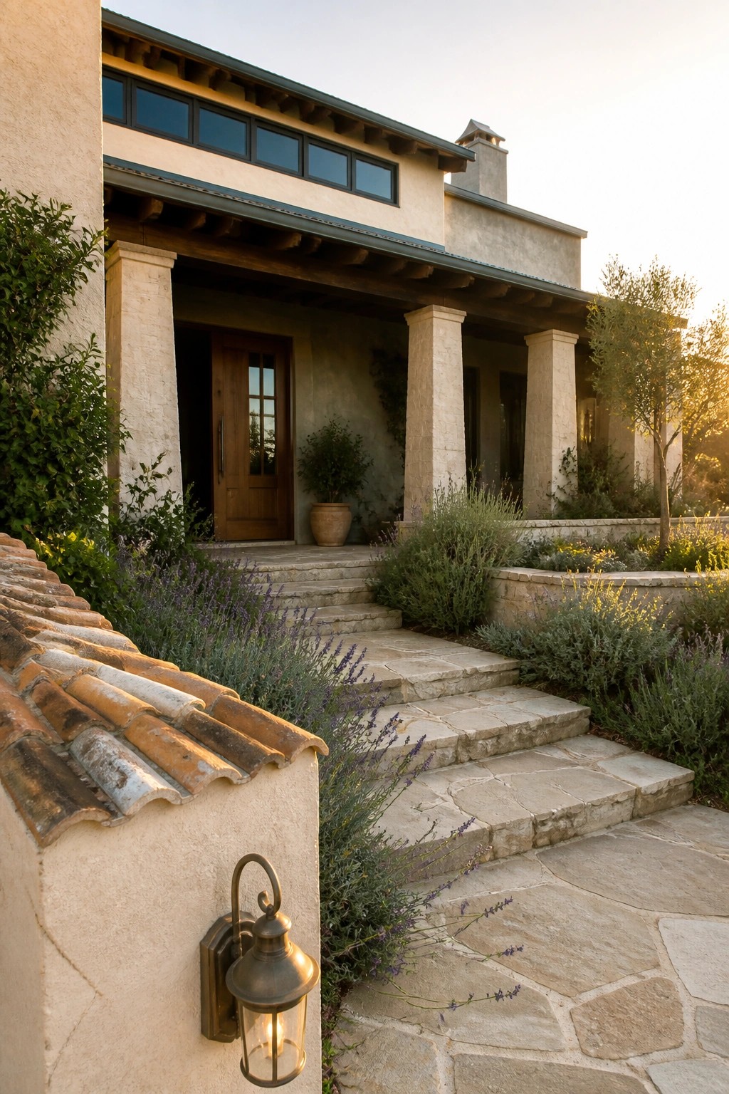 Stone steps ascend to wooden door of stucco home with columns, lantern, and lavender.