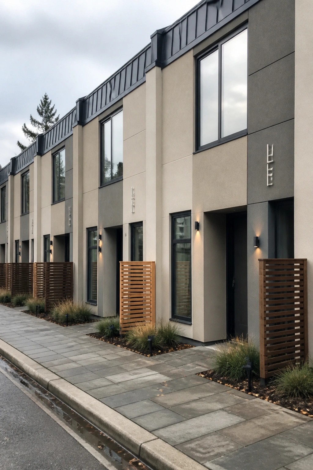 A row of modern townhomes with beige and gray siding, dark roofs, and wooden slat screens beside the front entries.