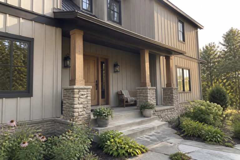 23 Sophisticated Neutral Exterior Colors for Homes with Stone Accents House exterior with warm beige siding and stone porch columns.
