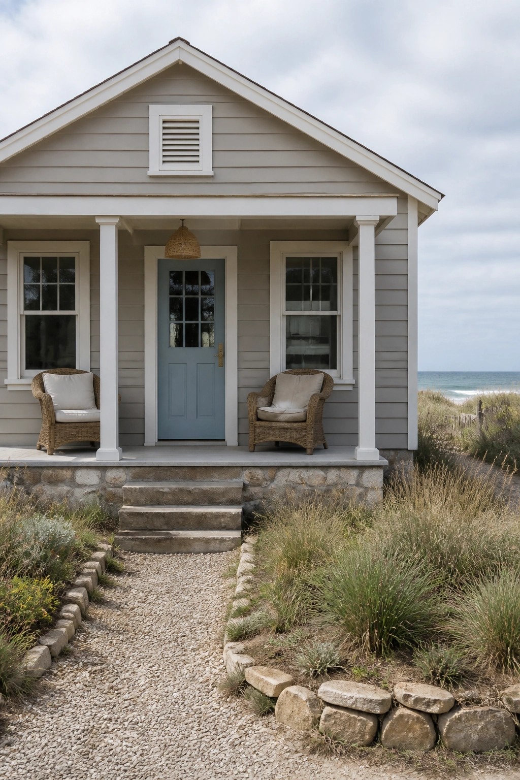 Light greige siding on a small beach house with a stone foundation and white trim.