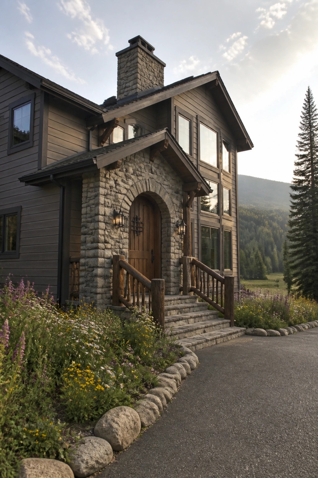 House exterior with muted gray-brown siding next to a stone entry arch.