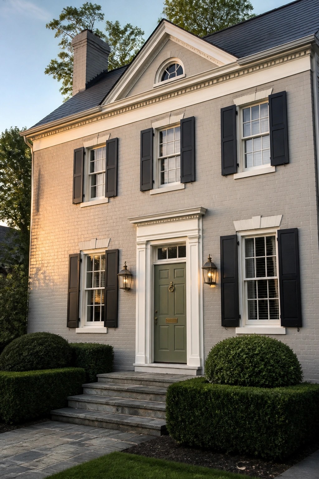 A two-story brick house painted in a soft light gray with white trim and black shutters.