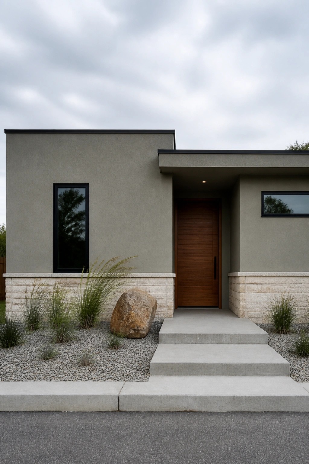 A modern house exterior with soft gray siding and a light stone base.