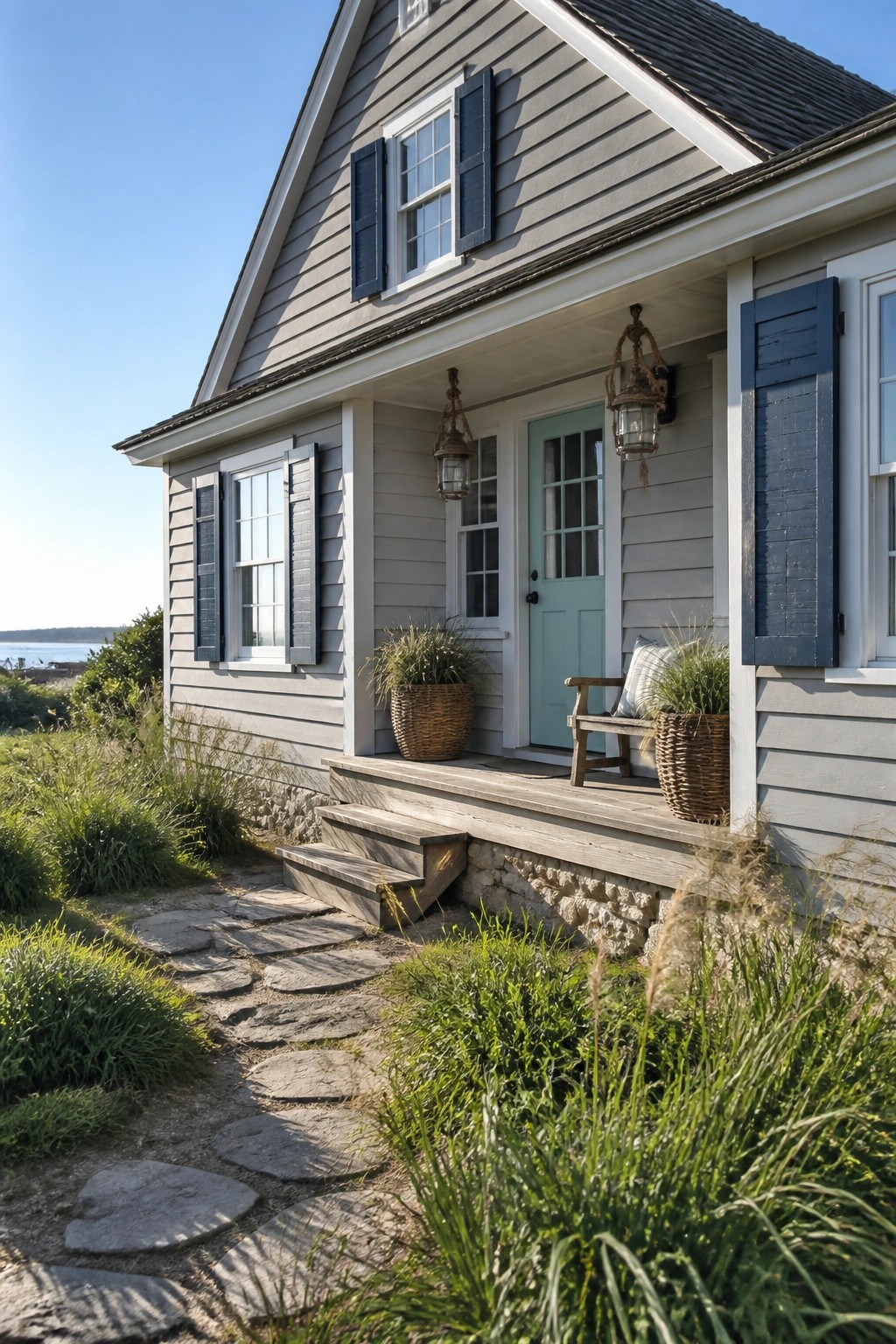 A house exterior painted in soft gray siding with a natural stone foundation.