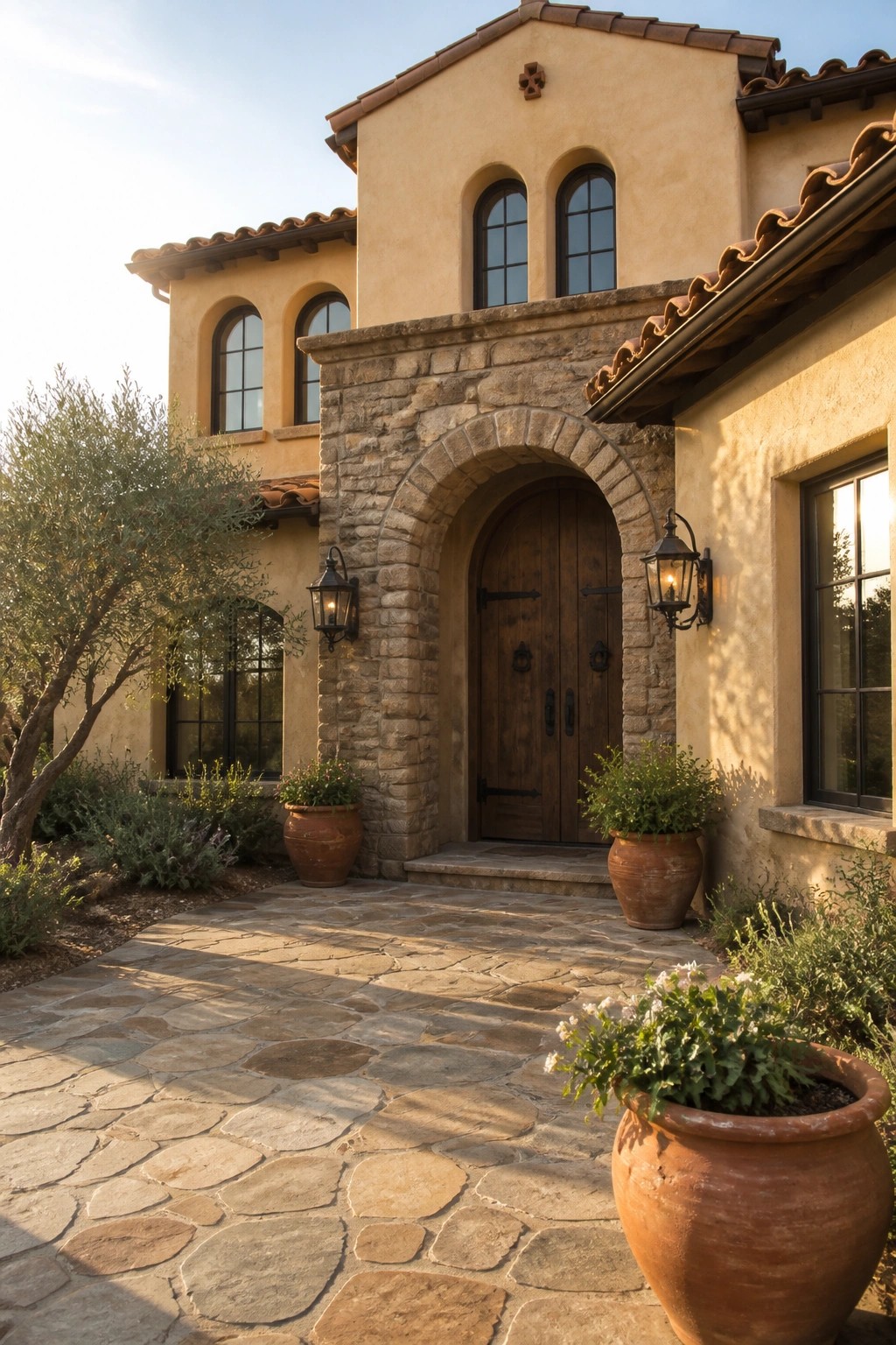 Sunlit stone pathway to arched wooden doors of beige stucco villa with terracotta pots.