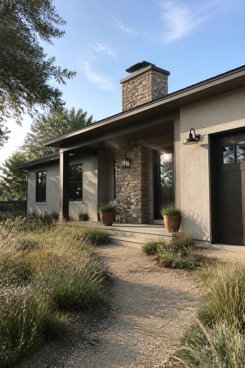 Modern stucco house with stone chimney, gravel path, and porch plants.