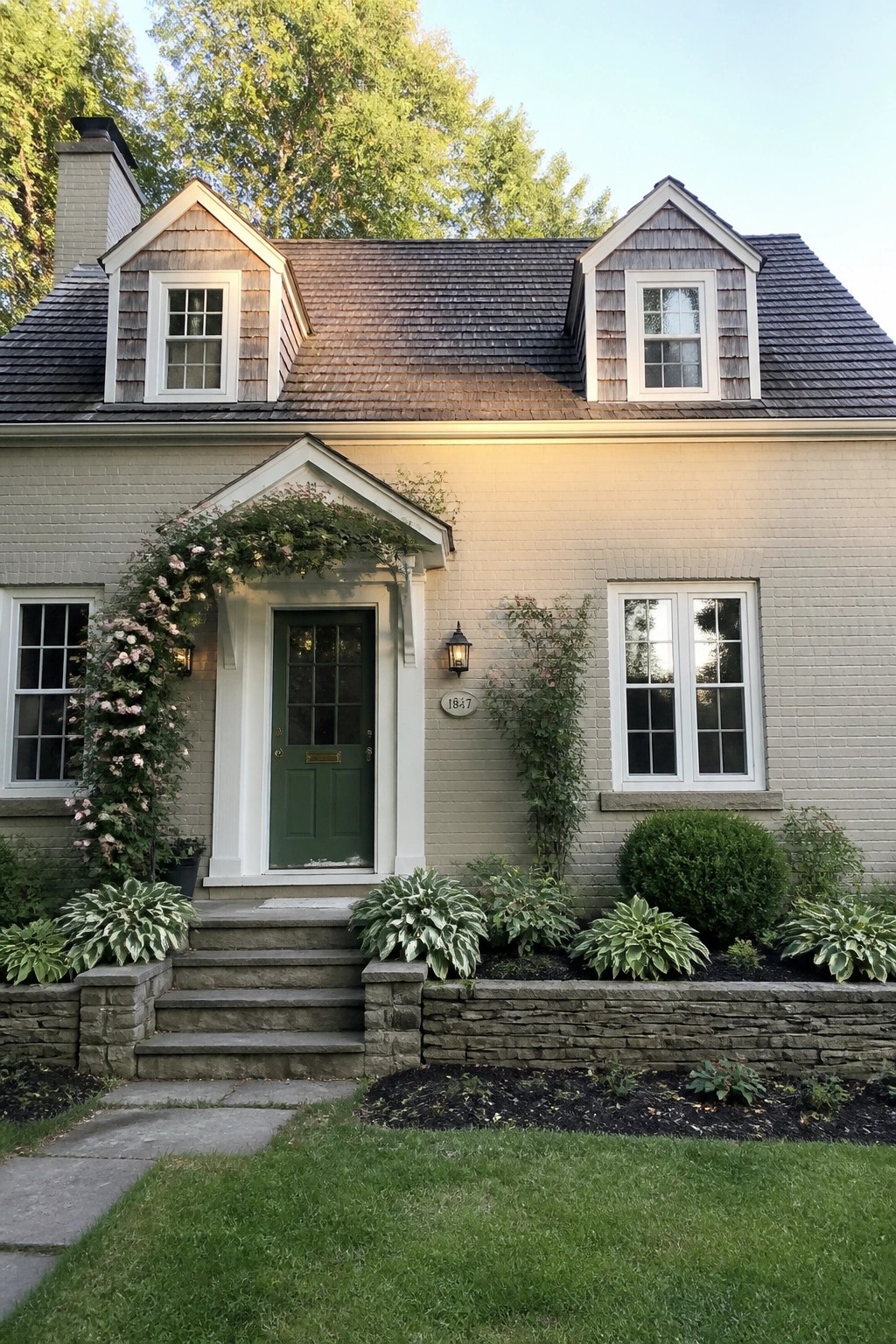 Light brick house with green door, rose-covered porch, dormer windows, and stone steps.