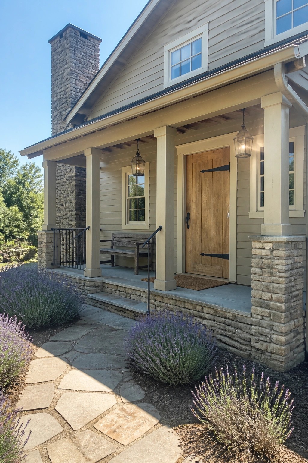 Light warm beige siding on a house exterior with stone columns and accents.