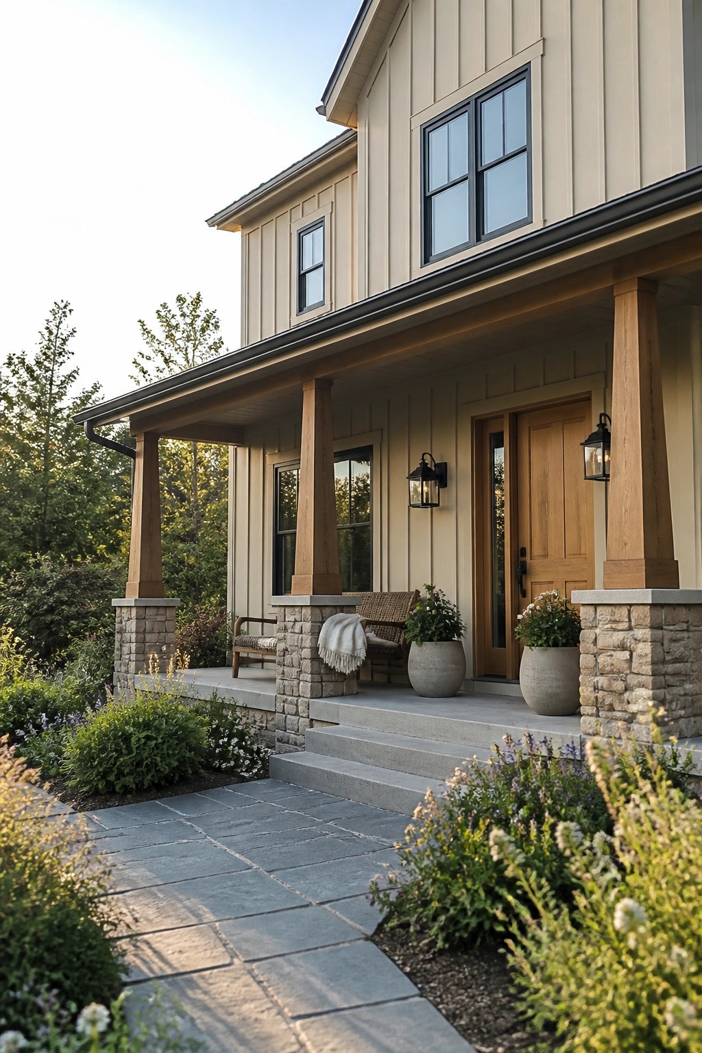 House exterior with warm beige siding and stone porch columns.