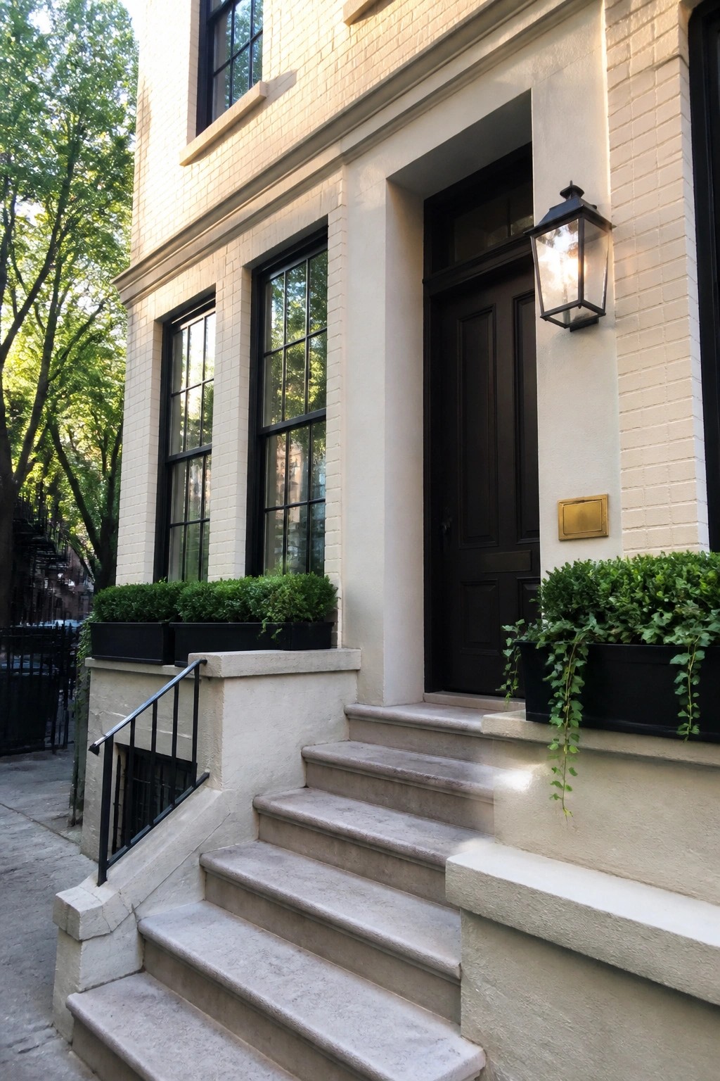 Light cream brick exterior with stone steps and black door.