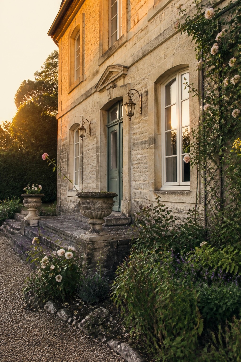 A stone house exterior in a warm neutral tone with white window frames and climbing roses.