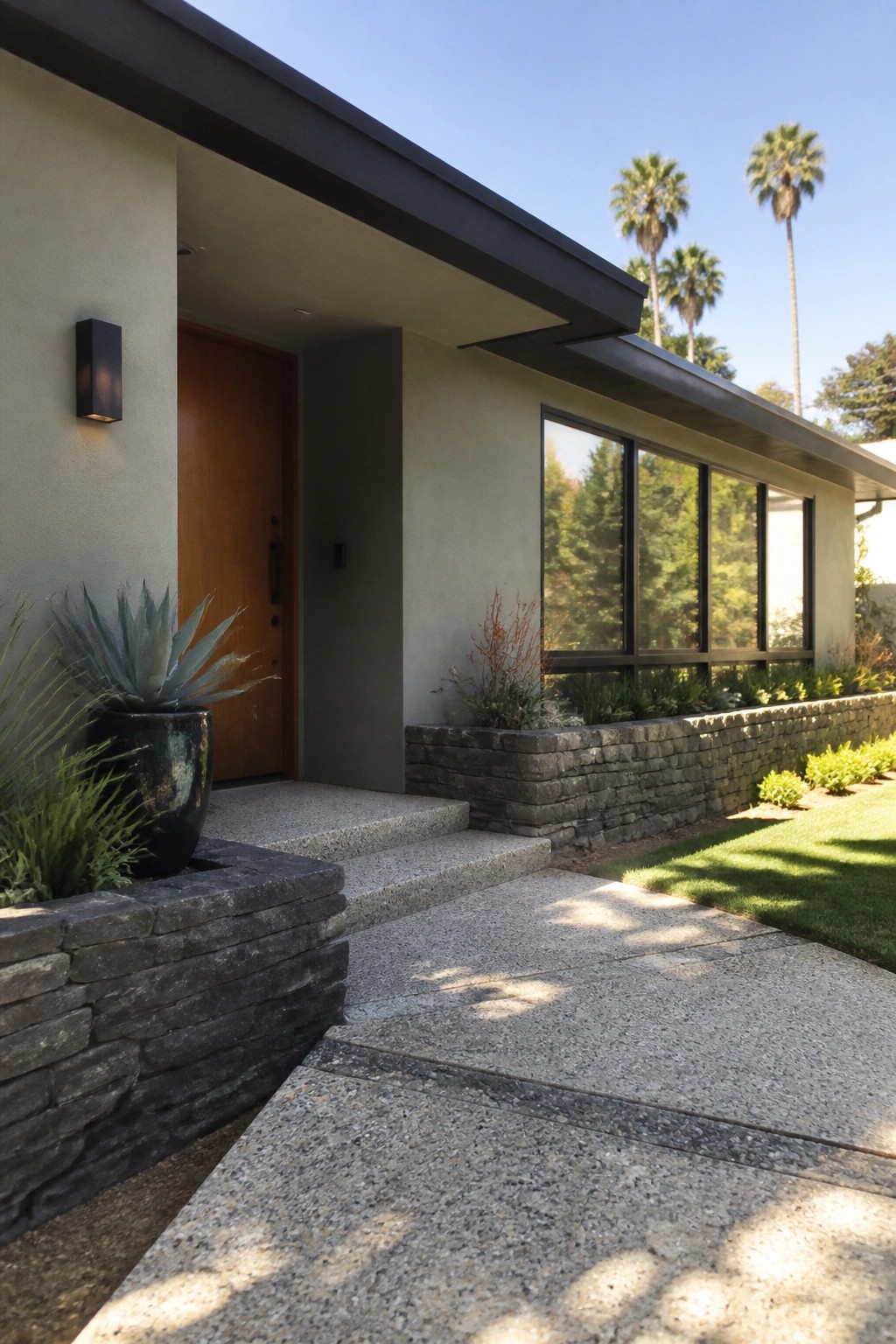 Modern house entrance with wooden door, stone planters, concrete steps, and palm trees.