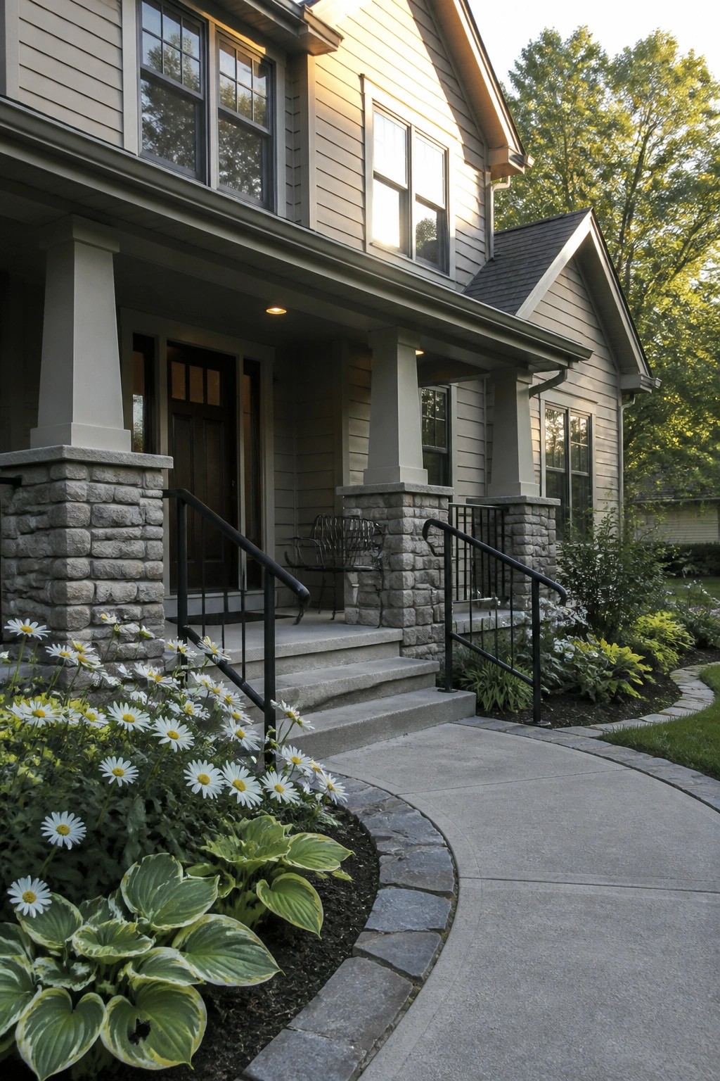 Light warm neutral siding on a house exterior with stone porch pillars and steps.