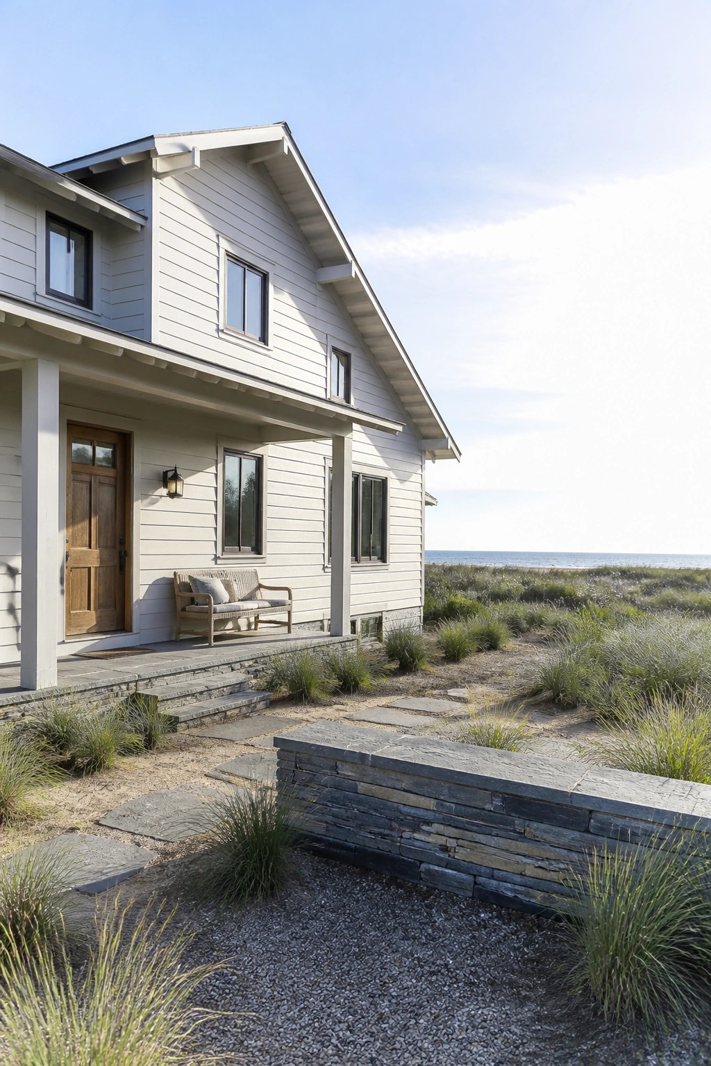 White shingled coastal house with porch bench, stone paths, and ocean view beyond dunes.