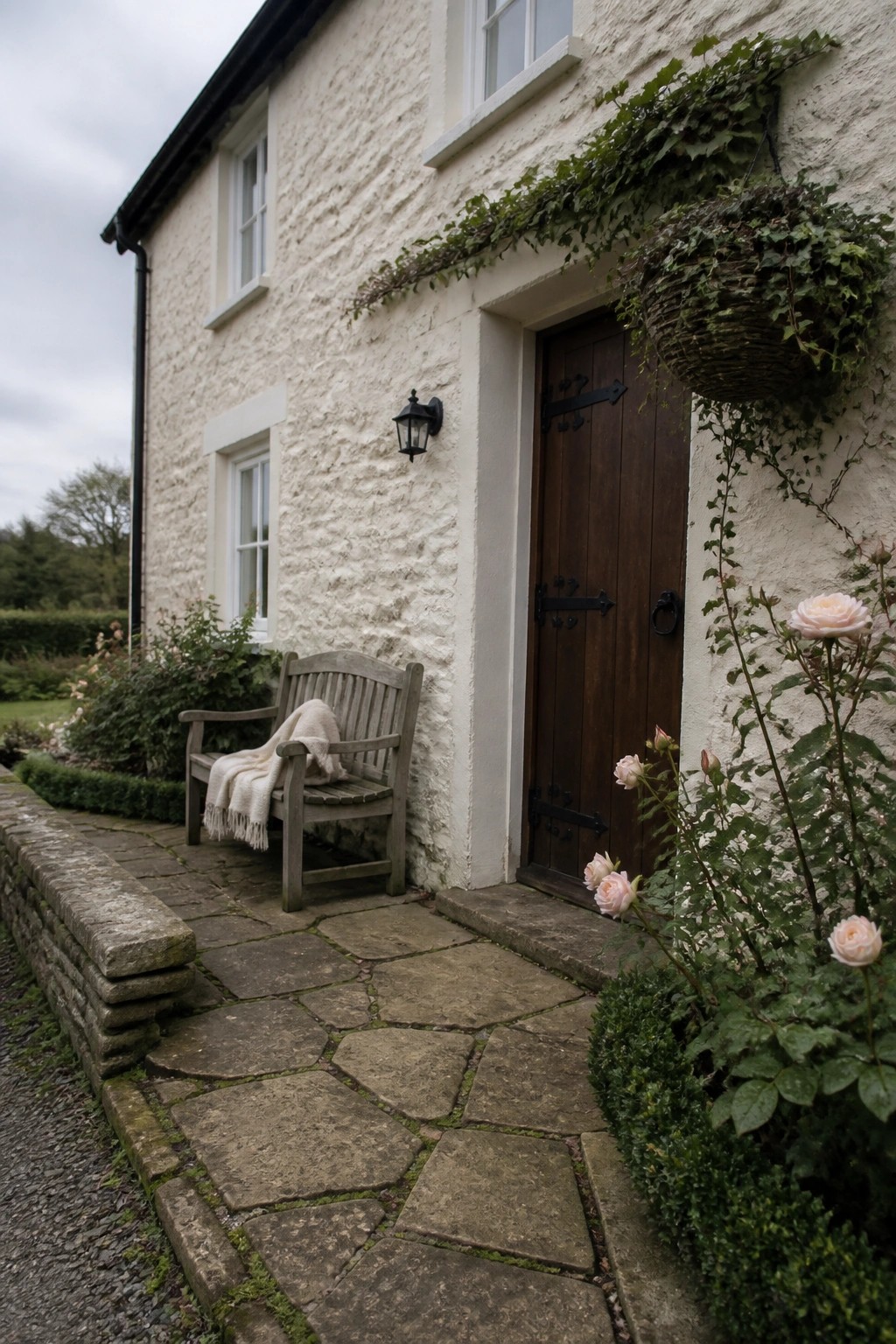 Stone cottage with wooden door, bench, hanging basket, and pink roses along path