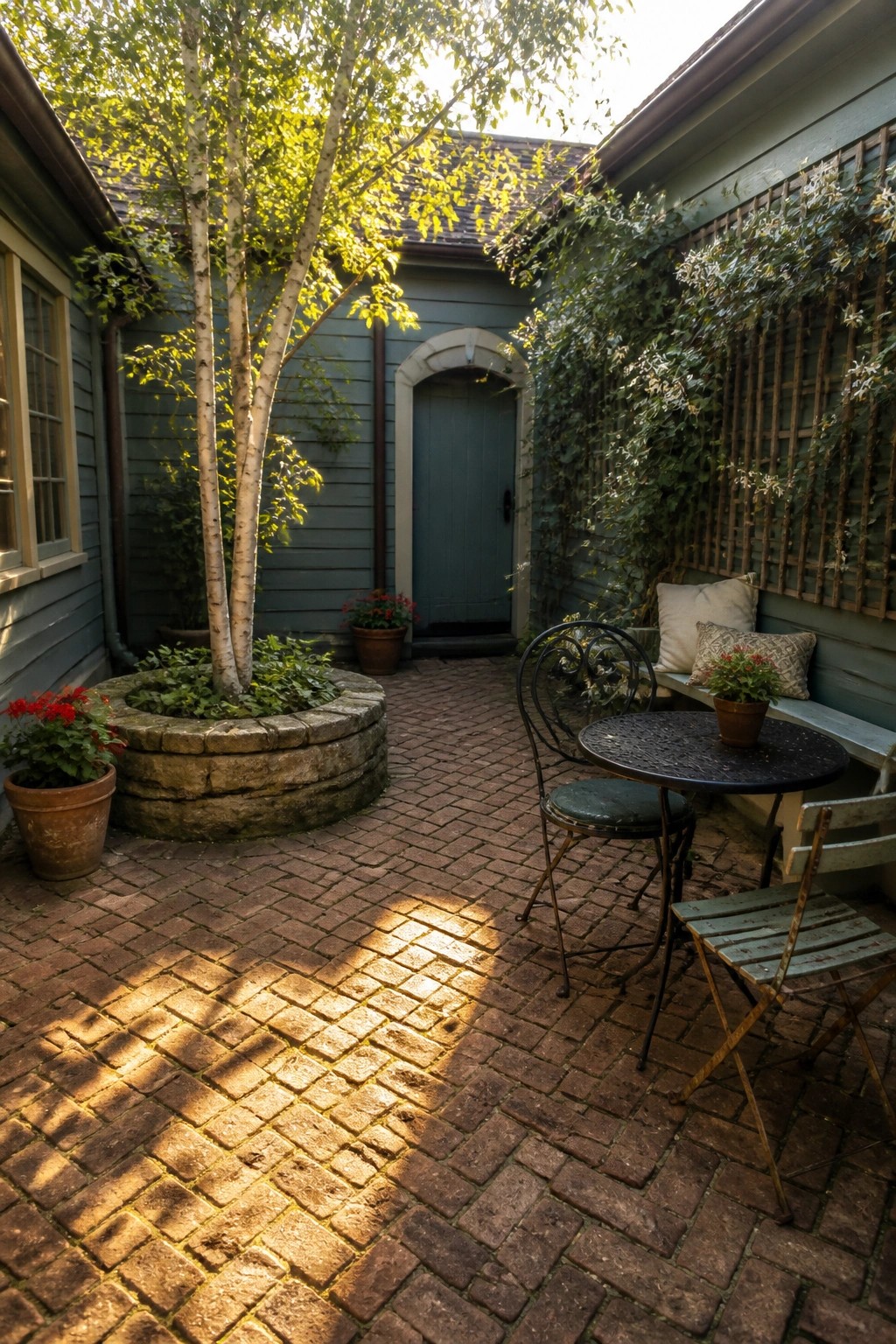 A brick courtyard patio beside a dusty teal house features a round metal table with chairs, a cushioned bench, potted plants, and a tree growing from a low stone planter.