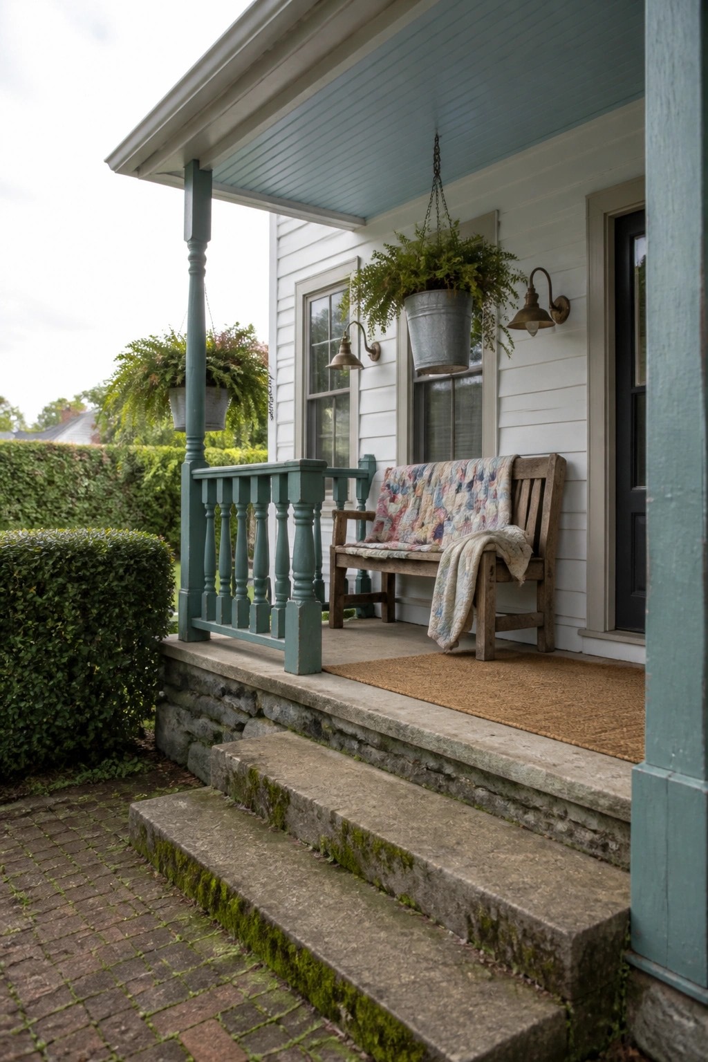Cozy front porch with wooden bench, colorful quilt, hanging fern, and stone steps