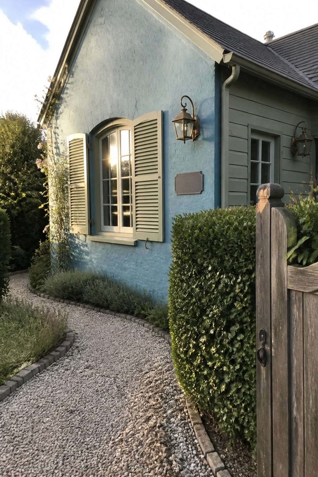 A dusty teal cottage exterior with green shutters on the windows, two wall lanterns, a gravel path, and a large hedge beside a wooden gate.