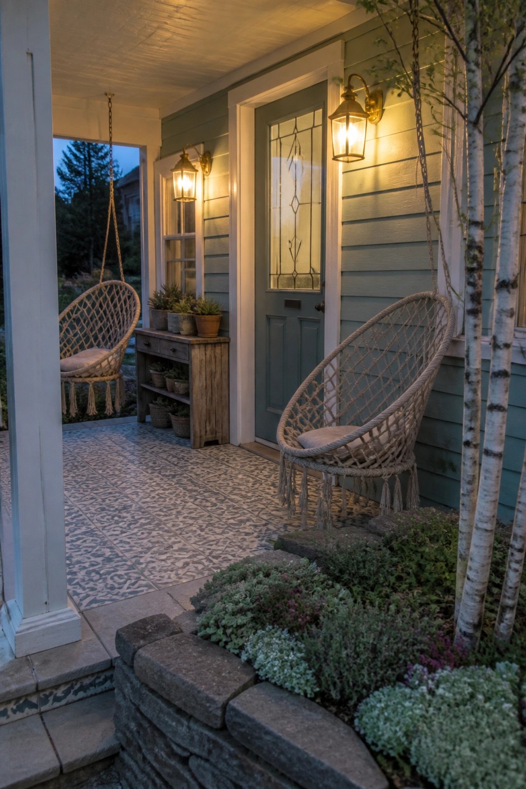A house porch with dusty teal siding, white trim, a green door, and two hanging woven chairs beside potted plants.