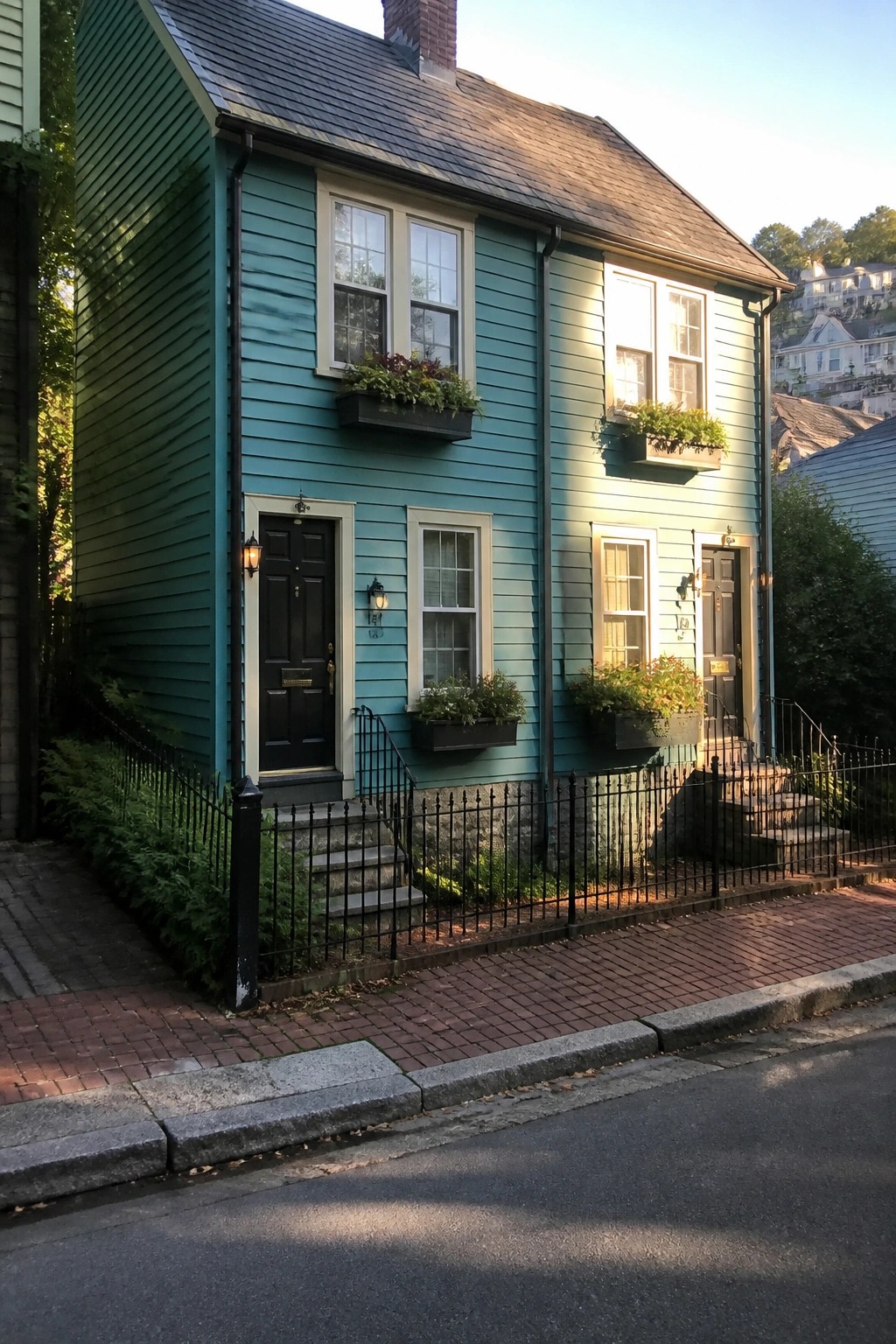 A two-story house with dusty teal wood siding, black doors, white window trim, and window boxes along a brick sidewalk.