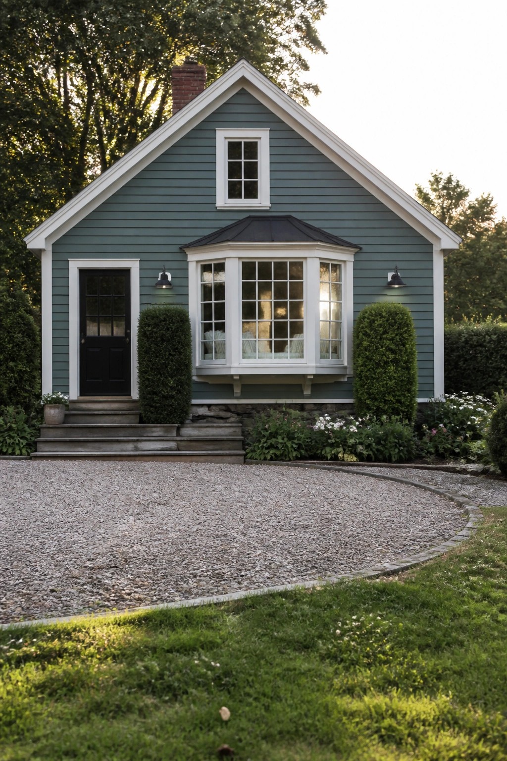 A two-story house with dusty teal siding, white trim, a bay window, black door, and gravel driveway.