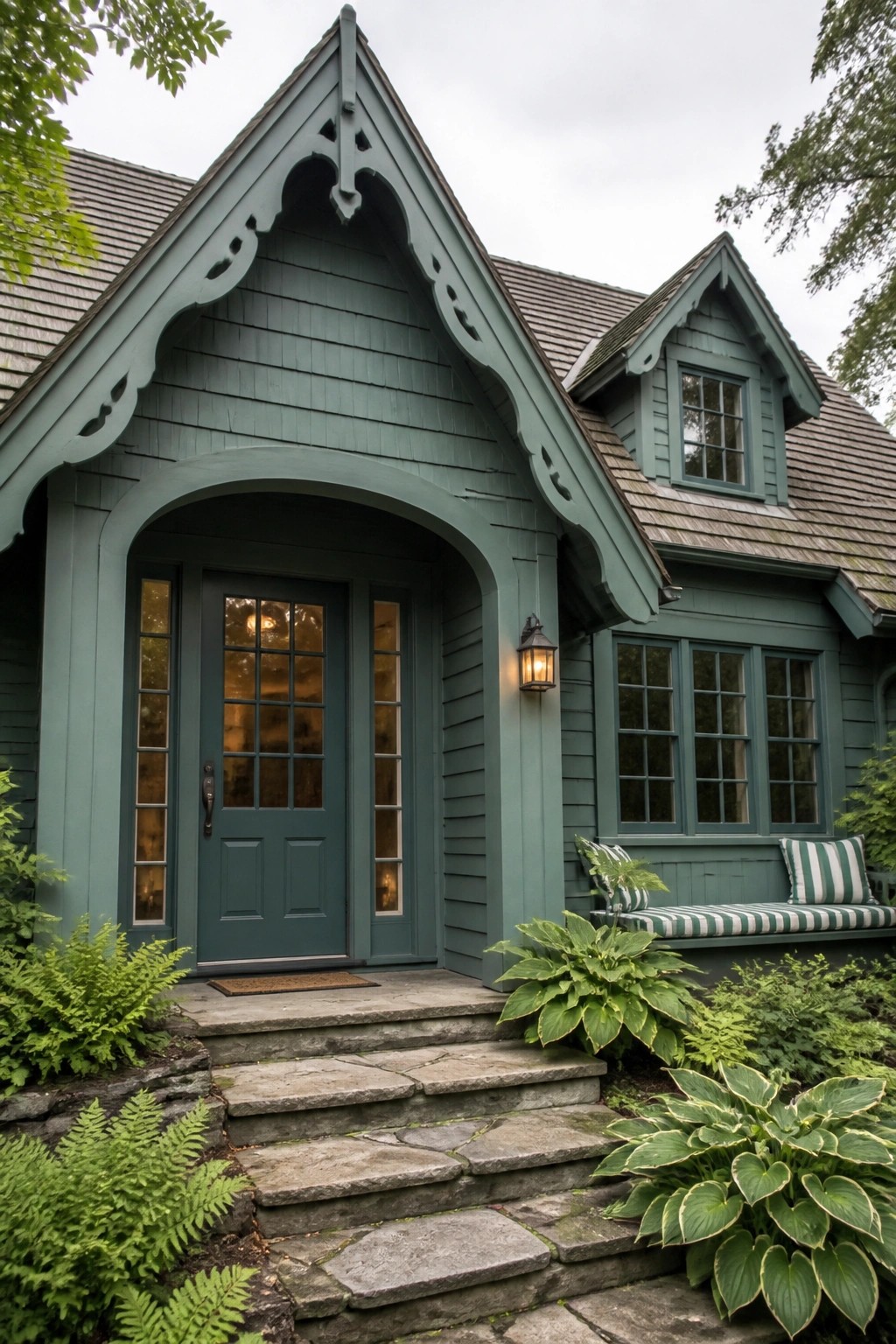 Sage green house with ornate gable trim, dark door, stone steps, and lush plants.