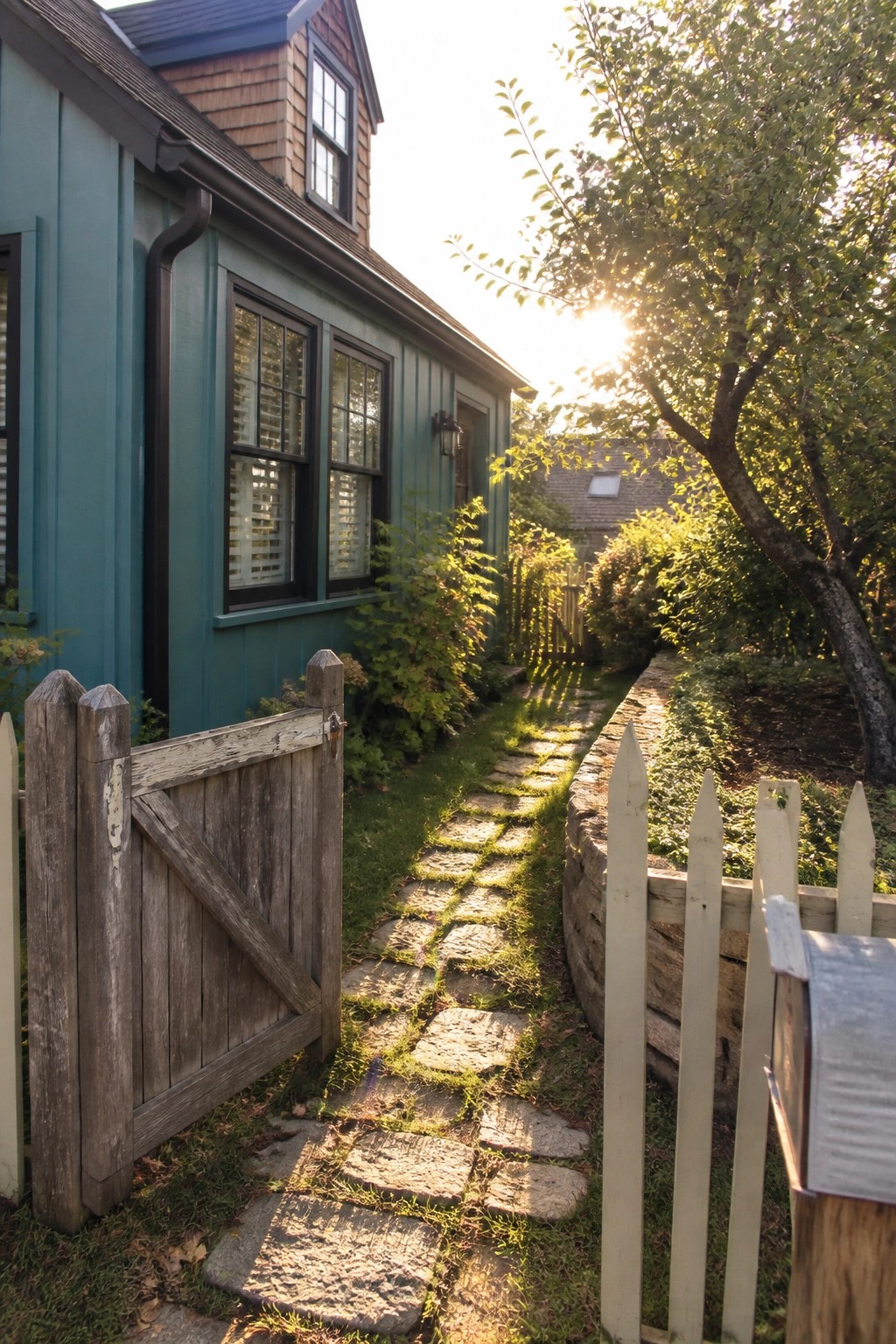 Teal house with sunlit stone path, open wooden gate, and white picket fence