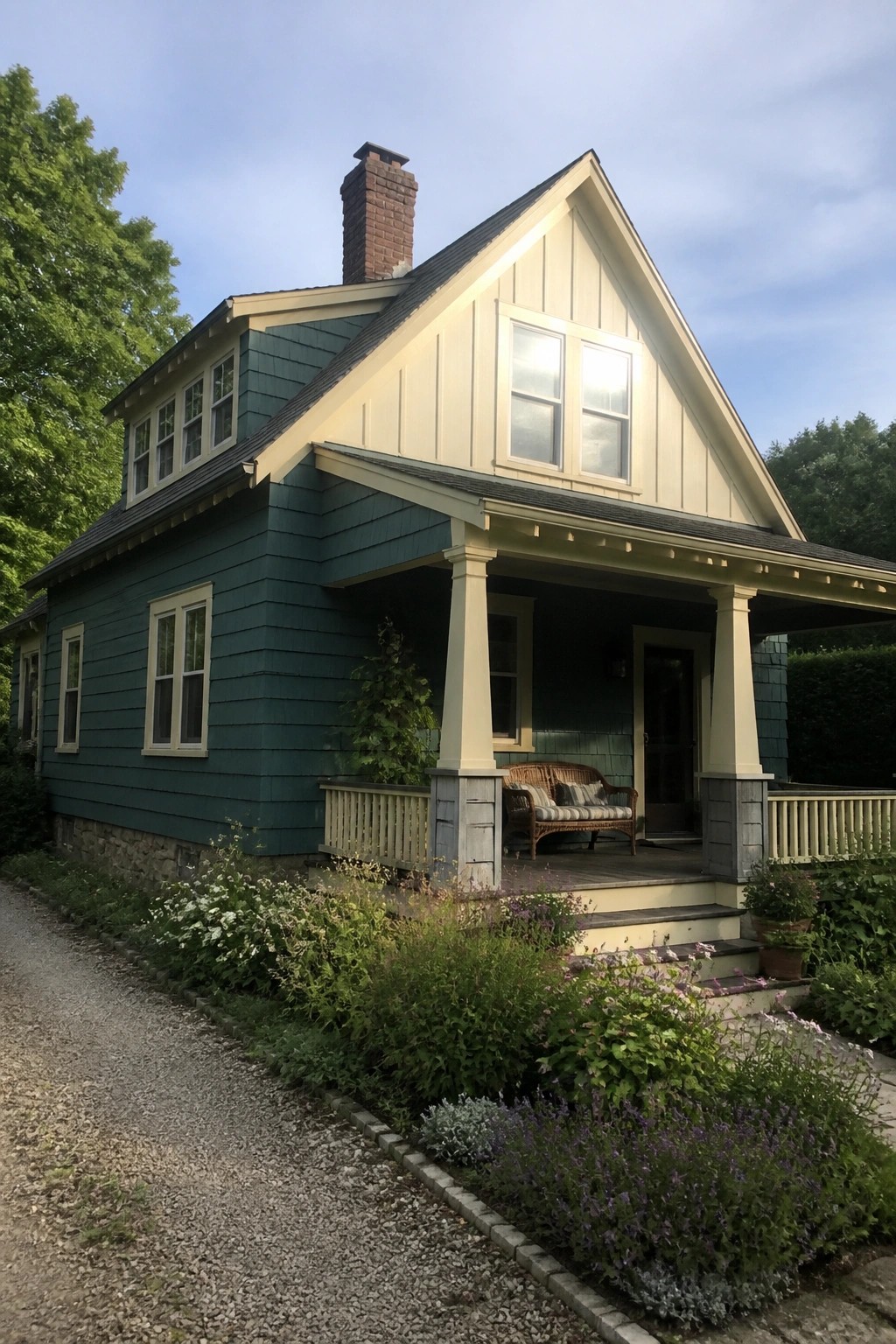A two-story cottage with dusty teal wood siding, cream gable and trim, a covered front porch with columns, and garden beds along a gravel path.